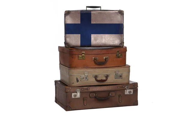 Finlandia, fińska koncepcja podróży. Grupa Vintage walizki izolowane na białym tle. — Zdjęcie stockowe