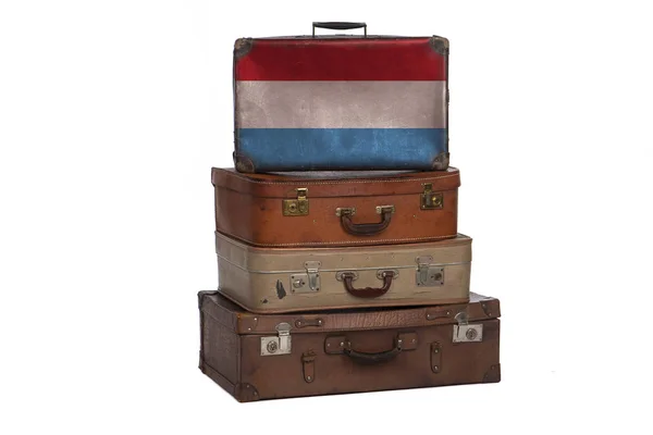 Lussemburgo concetto di viaggio. Gruppo di valigie vintage isolate su sfondo bianco . — Foto Stock