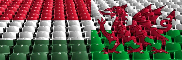 Hongarije, Hongaren, Wales, Welsh stadium zetels concept. Europese voetbal kwalificatie spellen — Stockfoto