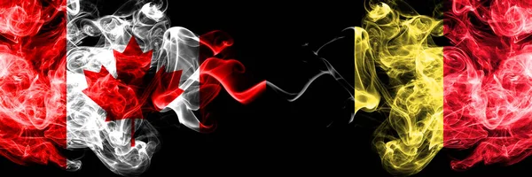 Canada vs Belgium, Belgian smoky mystic flags placed side by side. Thick colored silky smoke flags of Canadian and Belgium, Belgian. — Stock Photo, Image