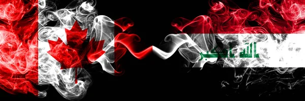 加拿大对伊拉克，伊拉克烟熏神秘旗帜并排放置。加拿大和伊拉克，伊拉克厚厚的彩色丝质烟旗. — 图库照片