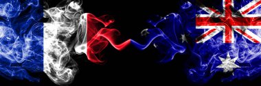 Fransa vs Avustralya, Avustralya dumanlı mistik bayraklar yan yana yerleştirilir. Fransız ve Avustralya, Avustralya kalın renkli ipeksi soyut duman afiş