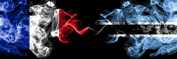 France vs Botswana, Botswanan smoky mystic flags placed side by side. Thick colored silky abstract smoke banner of French and Botswana, Botswanan — Stock Photo, Image