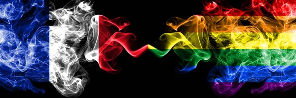 France vs Gay pride smoky mystic flags placed side by side. Thick colored silky abstract smoke banner of French and Gay pride — Stock Photo, Image