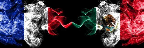 France vs Mexico, Mexican smoky mystic flags placed side by side. Thick colored silky abstract smoke banner of French and Mexico, Mexican — Stock Photo, Image