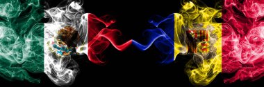 Meksika vs Andorra, Andorra dumanlı mistik bayraklar yan yana yerleştirilir. Kalın renkli ipeksi soyut Dumanlar Meksika ve Andorra, Andorra afiş