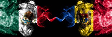 Meksika vs Moldova, Moldova dumanlı mistik bayraklar yan yana yerleştirilir. Kalın renkli ipeksi soyut Meksika ve Moldova, Moldova afiş dumanlar