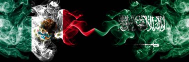 Meksika vs Suudi Arabistan, Arap dumanlı mistik bayraklar yan yana yerleştirilir. Kalın renkli ipeksi soyut Meksika ve Suudi Arabistan, Arap afiş dumanlar