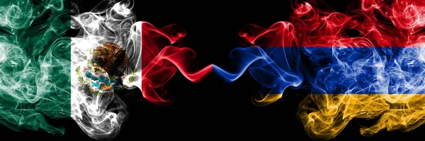 Mexico vs Armenia, Armenian smoky mystic flags placed side by side. Thick colored silky abstract smokes banner of Mexican and Armenia, Armenian — Stock Photo, Image