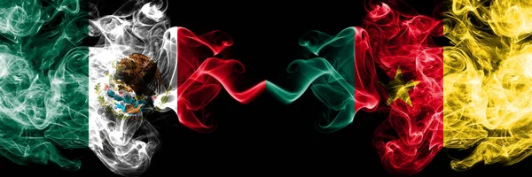 Mexico vs Cameroon, Cameroonian smoky mystic flags placed side by side. Thick colored silky abstract smokes banner of Mexican and Cameroon, Cameroonian — Stock Photo, Image
