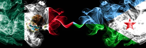 Mexico vs Djibouti smoky mystic flags placed side by side. Thick colored silky abstract smokes banner of Mexican and Djibouti — Stock Photo, Image