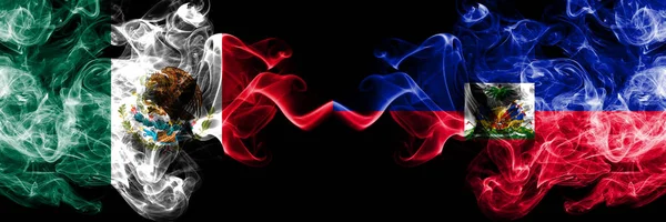 Meksika vs Haiti, Haiti dumanlı mistik bayraklar yan yana yerleştirilir. Kalın renkli ipeksi soyut Meksika ve Haiti, Haiti afiş dumanlar