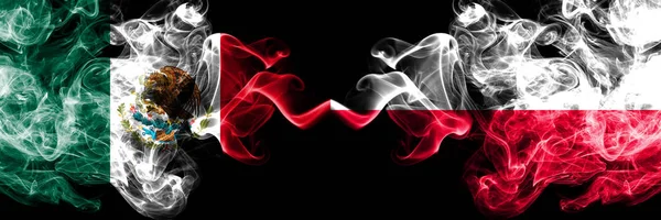 Meksika vs Polonya, Polonya dumanlı mistik bayraklar yan yana yerleştirilir. Kalın renkli ipeksi soyut Meksika ve Polonya, Polonya afiş dumanlar