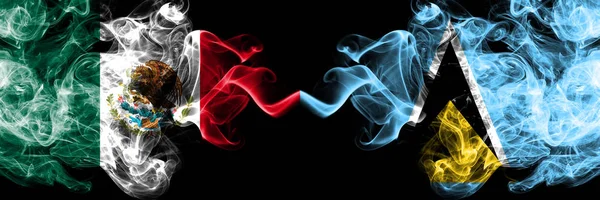 Meksika vs Saint Lucia dumanlı mistik bayraklar yan yana yerleştirilir. Kalın renkli ipeksi soyut Meksika ve Saint Lucia afiş dumanlar