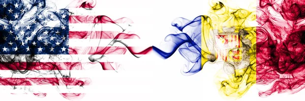 United States of America vs Andorra, Andorran smoky mystic flags placed side by side. Thick colored silky abstract smokes banner of America and Andorra, Andorran — Stock Photo, Image