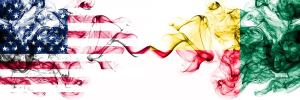 United States of America vs Benin, Beninese smoky mystic flags placed side by side. Thick colored silky abstract smokes banner of America and Benin, Beninese — Stock Photo, Image