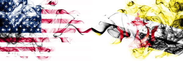 United States of America vs Brunei, Bruneian smoky mystic flags placed side by side. Thick colored silky abstract smokes banner of America and Brunei, Bruneian — Stock Photo, Image