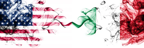 United States of America vs Italy, Italian smoky mystic flags placed side by side. Thick colored silky abstract smokes banner of America and Italy, Italian — 스톡 사진