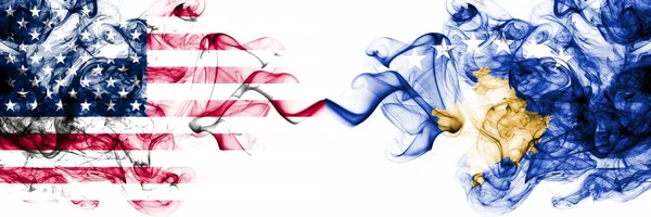 United States of America vs Kosovo, Serbia smoky mystic flags placed side by side. Thick colored silky abstract smokes banner of America and Kosovo, Serbia — Stock Photo, Image