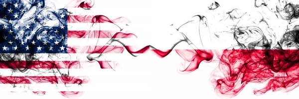 United States of America vs Poland, Polish smoky mystic flags placed side by side. Thick colored silky abstract smokes banner of America and Poland, Polish — Stock Photo, Image