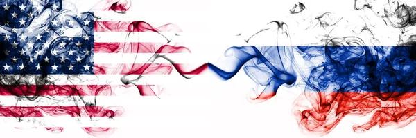 United States of America vs Russia, Russian smoky mystic flags placed side by side. Thick colored silky abstract smokes banner of America and Russia, Russian — 图库照片