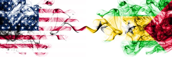 United States of America vs Sao Tome and Principe smoky mystic flags placed side by side. Thick colored silky abstract smokes banner of America and Sao Tome and Principe — 스톡 사진