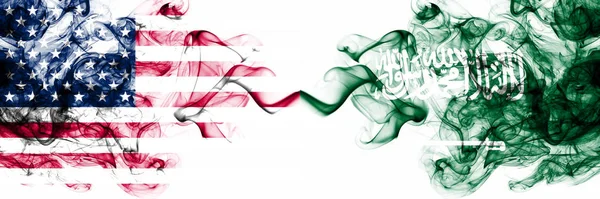 United States of America vs Saudi Arabia, Arabian smoky mystic flags placed side by side. Thick colored silky abstract smokes banner of America and Saudi Arabia, Arabian — 스톡 사진