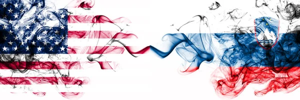 United States of America vs Slovenia, Slovenian smoky mystic flags placed side by side. Thick colored silky abstract smokes banner of America and Slovenia, Slovenian — Stock Photo, Image