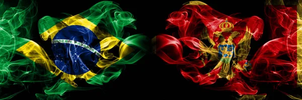 Βραζιλία, βραζιλιάνικα, Μαυροβούνιο, μαυροβούνιες σημαίες, τοποθετημένες δίπλα-δίπλα. Παχιά χρώμα μεταξένια καπνίζει ιδέα σημαίας — Φωτογραφία Αρχείου