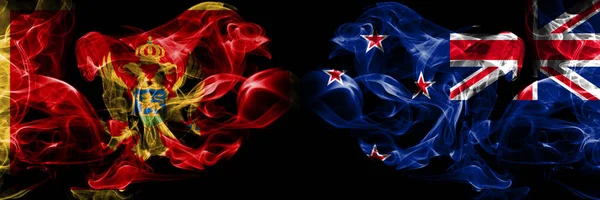 Montenegró, montenegrói, Új-Zéland, Zealander füstös misztikus zászlók kerülnek egymás mellé. Vastag színes selymes dohányzik zászló koncepció — Stock Fotó