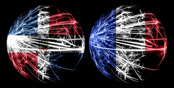 Absztrakt Dominikai Köztársaság, Dominikai, Franciaország, francia pezsgő zászlók, sport labda játék izolált fekete háttér — Stock Fotó