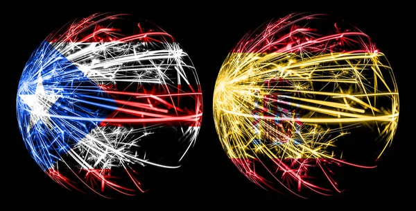 Abstract Puerto Rico, Puerto Rican, Spain, Spanish sparkling flags, sport ball game concept isolated on black background — Stock Photo, Image