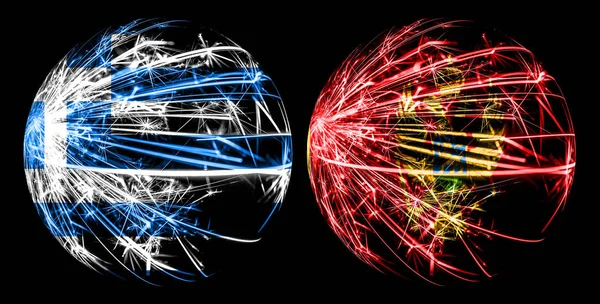 Resumen Grecia, Grecia, Montenegro, Montenegro banderas brillantes, concepto de juego de pelota deportiva aislado sobre fondo negro — Foto de Stock