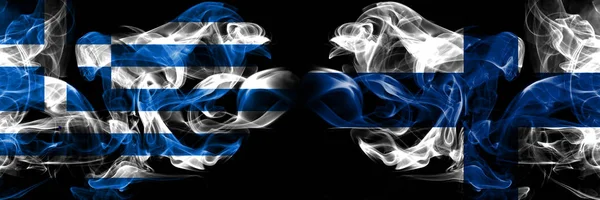 ग्रीस, ग्रीक, फिनलैंड, फिनिश, फ्लिप प्रतियोगिता मोटी रंगीन धूम्रपान झंडे। यूरोपीय फुटबॉल योग्यता खेल — स्टॉक फ़ोटो, इमेज