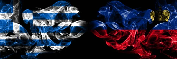 Греция, Греция, Лихтенштейн, флип конкуренции толстые красочные дымчатые флаги. Квалификация европейских футбольных команд — стоковое фото