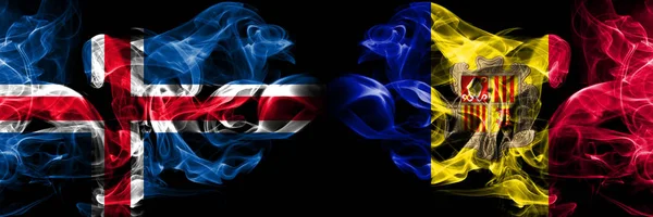 Исландский, исландский, Андорра, Андорра конкуренции толстые красочные дымчатые флаги. Квалификация европейских футбольных команд — стоковое фото