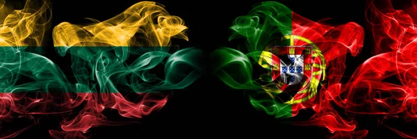 Lithuania, Portugal competition thick colorful smoky flags. European football qualifications games — Stock Photo, Image