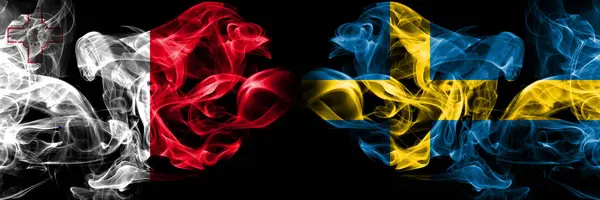 Málta, a máltai, a svéd, a svédországi verseny vastag, füstös zászlók. Európai futballképesítések játékok — Stock Fotó