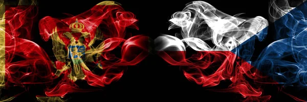 Montenegro, Tjeckien, flip konkurrens tjocka färgglada rökiga flaggor. Europeiska fotbolls kvalifikationer spel — Stockfoto