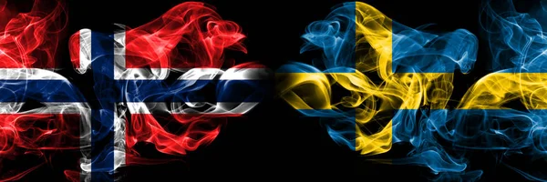 Norway, Norwegian, Sweden, Swedish competition thick colorful smoky flags. European football qualifications games — Stock Photo, Image