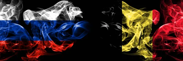 Russia, Belgium competition thick colorful smoky flags. European football qualifications games — Stock Photo, Image