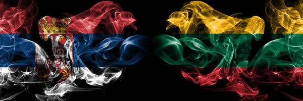 Serbia, Lithuania competition thick colorful smoky flags. European football qualifications games — Stock Photo, Image