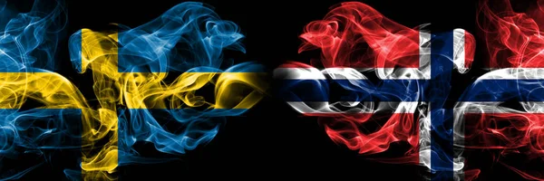 Sweden, Swedish, Norway, Norwegian, flip competition thick colorful smoky flags. European football qualifications games — Stock Photo, Image