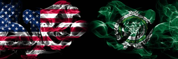 United States of America, USA vs Arab League background abstract concept peace smokes flags. — Stock Photo, Image