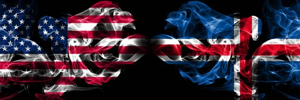 美利坚合众国，乌萨对冰岛，冰岛背景抽象概念和平烟旗. — 图库照片