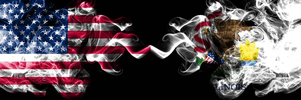 Ηνωμένες Πολιτείες της Αμερικής, ΗΠΑ vs Ιλινόις κρατικό φόντο αφηρημένη αντίληψη ειρήνη καπνίζει σημαίες. — Φωτογραφία Αρχείου