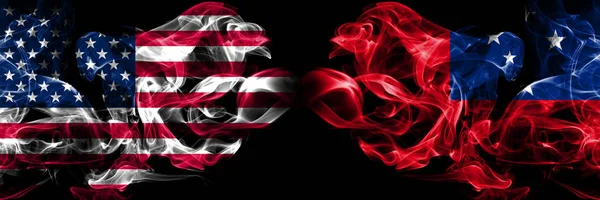 United States of America, USA vs Samoa, Samoan background abstract concept peace smokes flags. — Stock Photo, Image