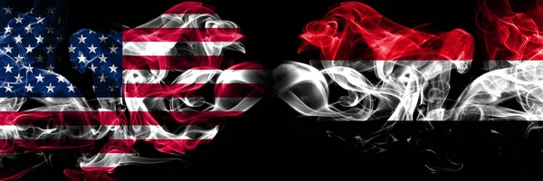 Amerikas förenta stater, USA vs Jemen, Jemeni bakgrund abstrakt begrepp fred röker flaggor. — Stockfoto
