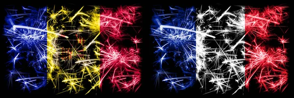 안도라, 안도란, 프랑스, 프랑스, 반짝이는 불꽃놀이 컨셉 과 아이디어 플래그 — 스톡 사진