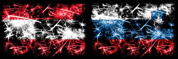 Autriche, Autriche, Slovénie, Slovène, flip sparkling fireworks concept and idea flags — Photo